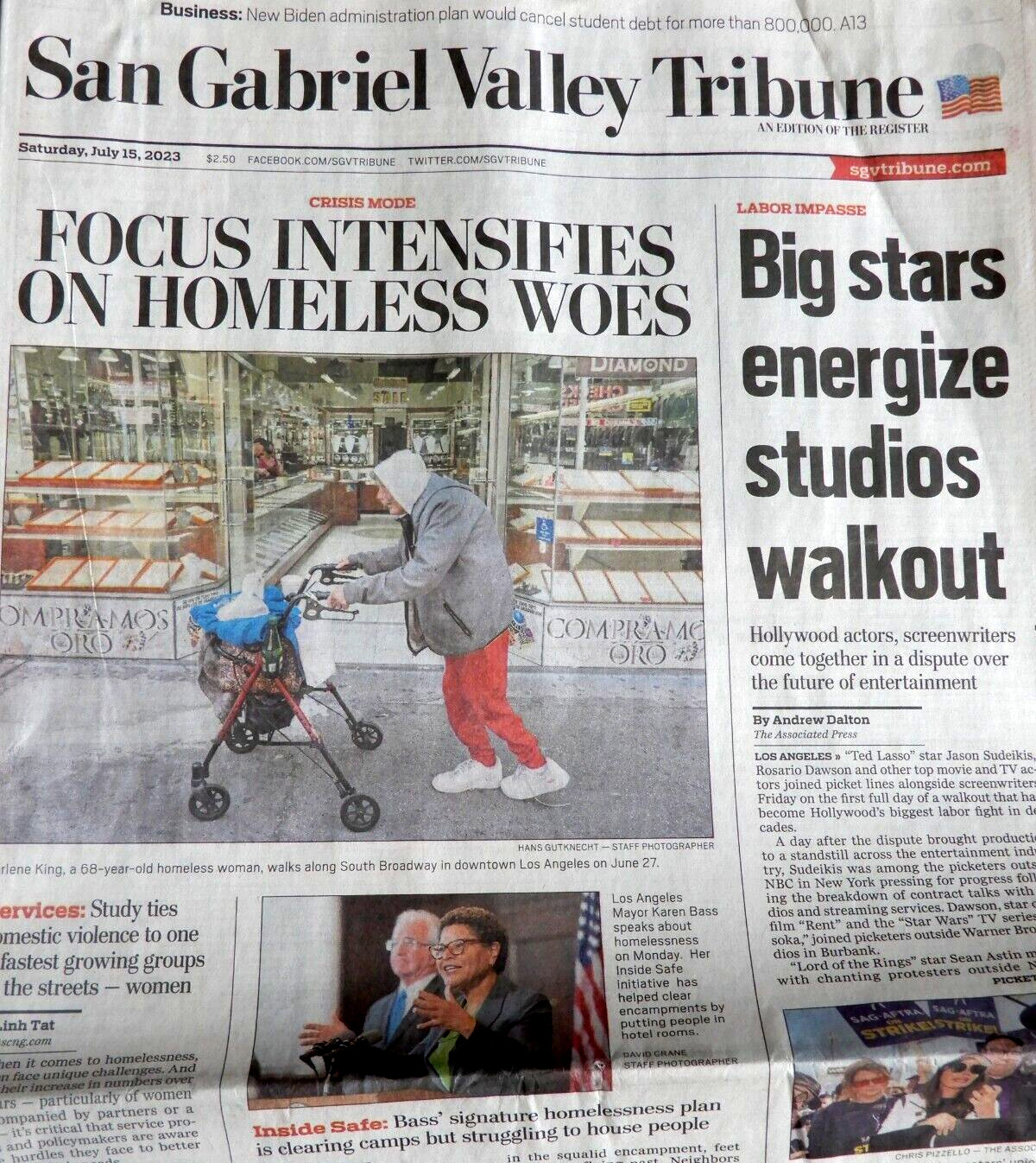 SAN GABRIEL VALLEY TRIBUNE NEWSPAPER July 15, 2023 BIG STARS STUDIOS WALKOUT