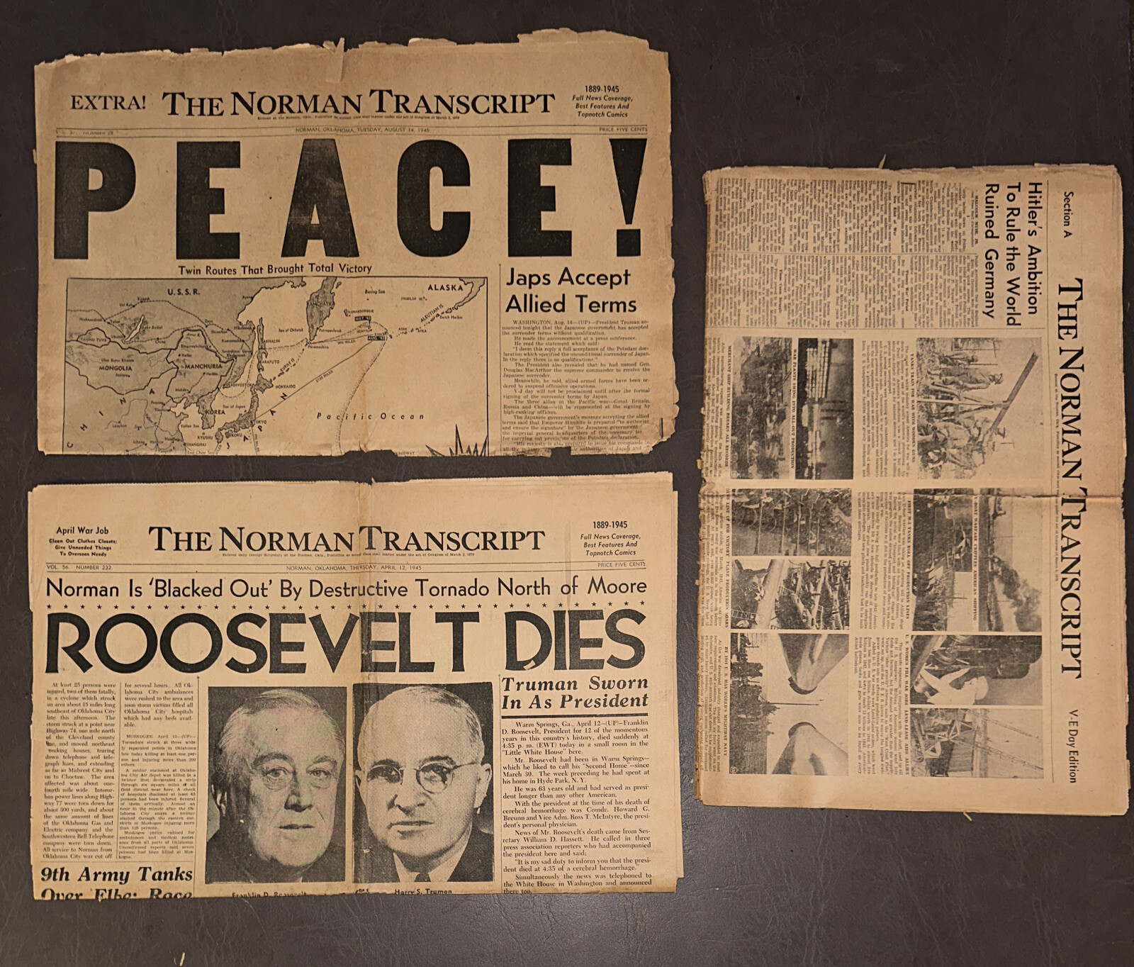 NORMAN TRANSCRIPT PEACE WORLD WAR 2 NEWSPAPER LOT 1945 V-E DAY SPECIAL