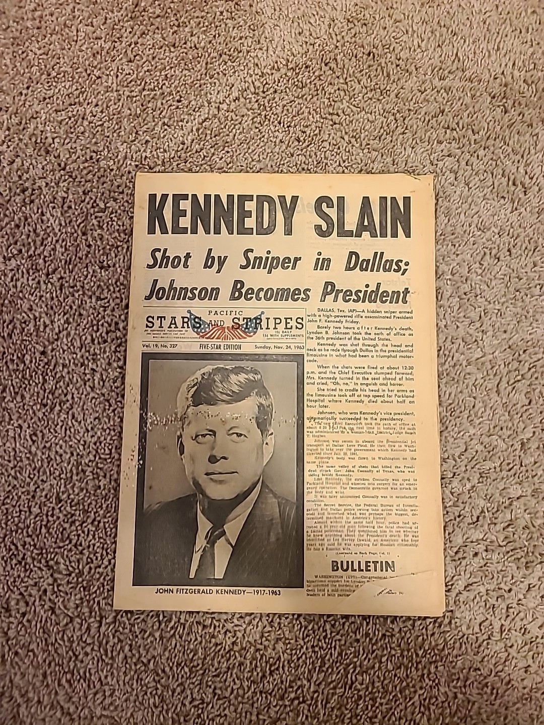 Original Pacific Stars & Stripes Newspaper-Kennedy Slain- Nov 24 1963