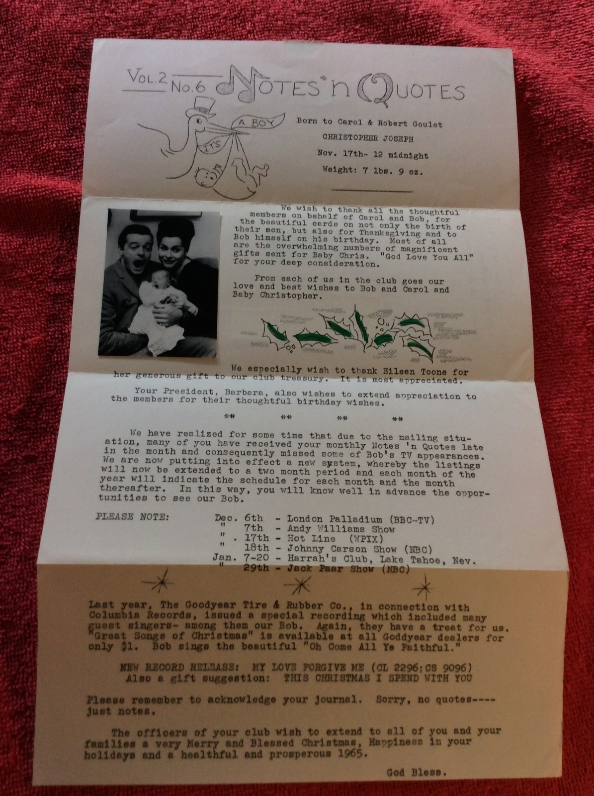 ROBERT GOULET RARE NOTES ‘N QUOTES VOL 2 NO 6 CHRISTMAS NEWSLETTER 1964