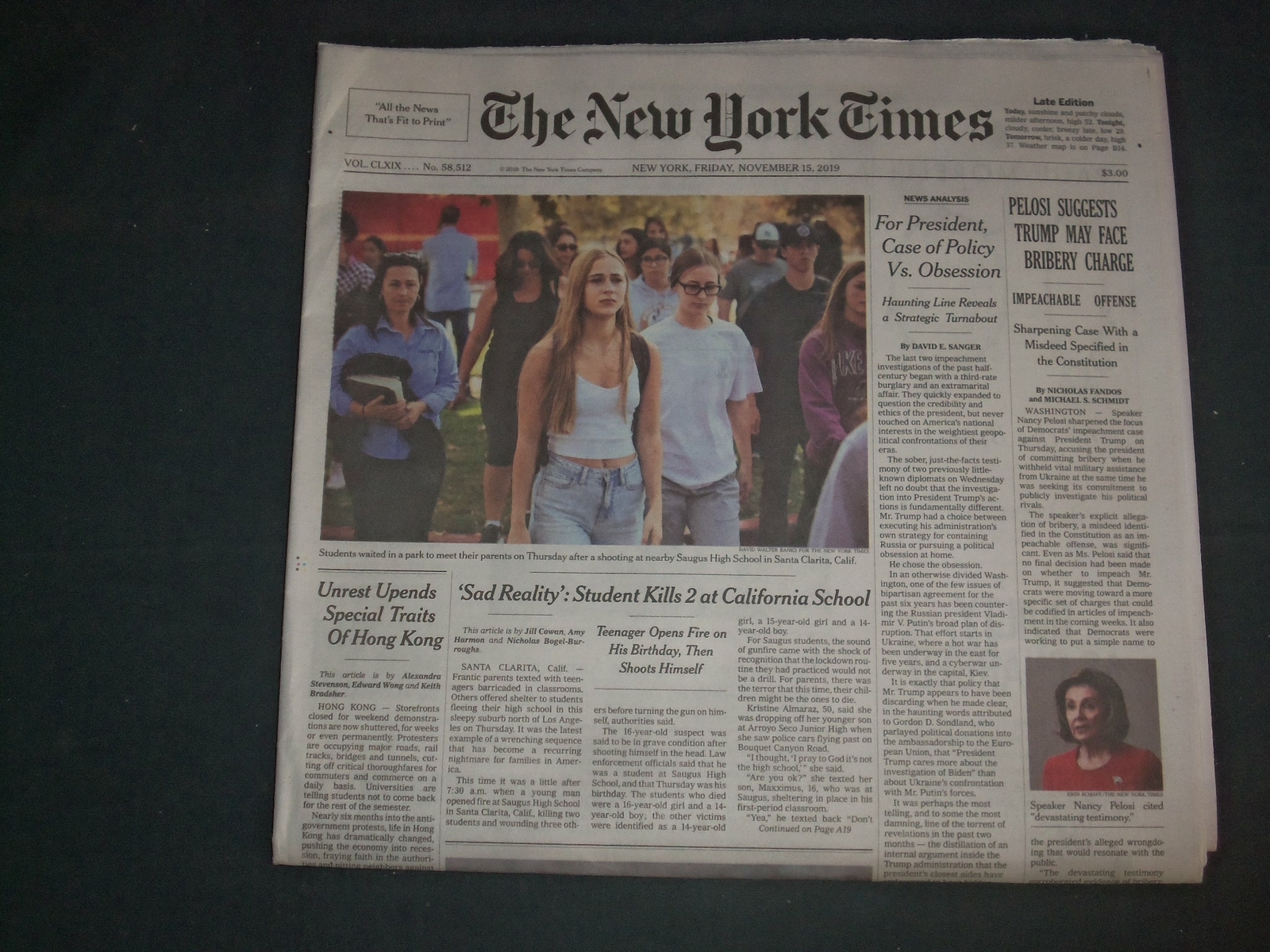 2019 NOVEMBER 15 NEW YORK TIMES – 2 KILLED AT SAUGUS HIGH SCHOOL SHOOTING