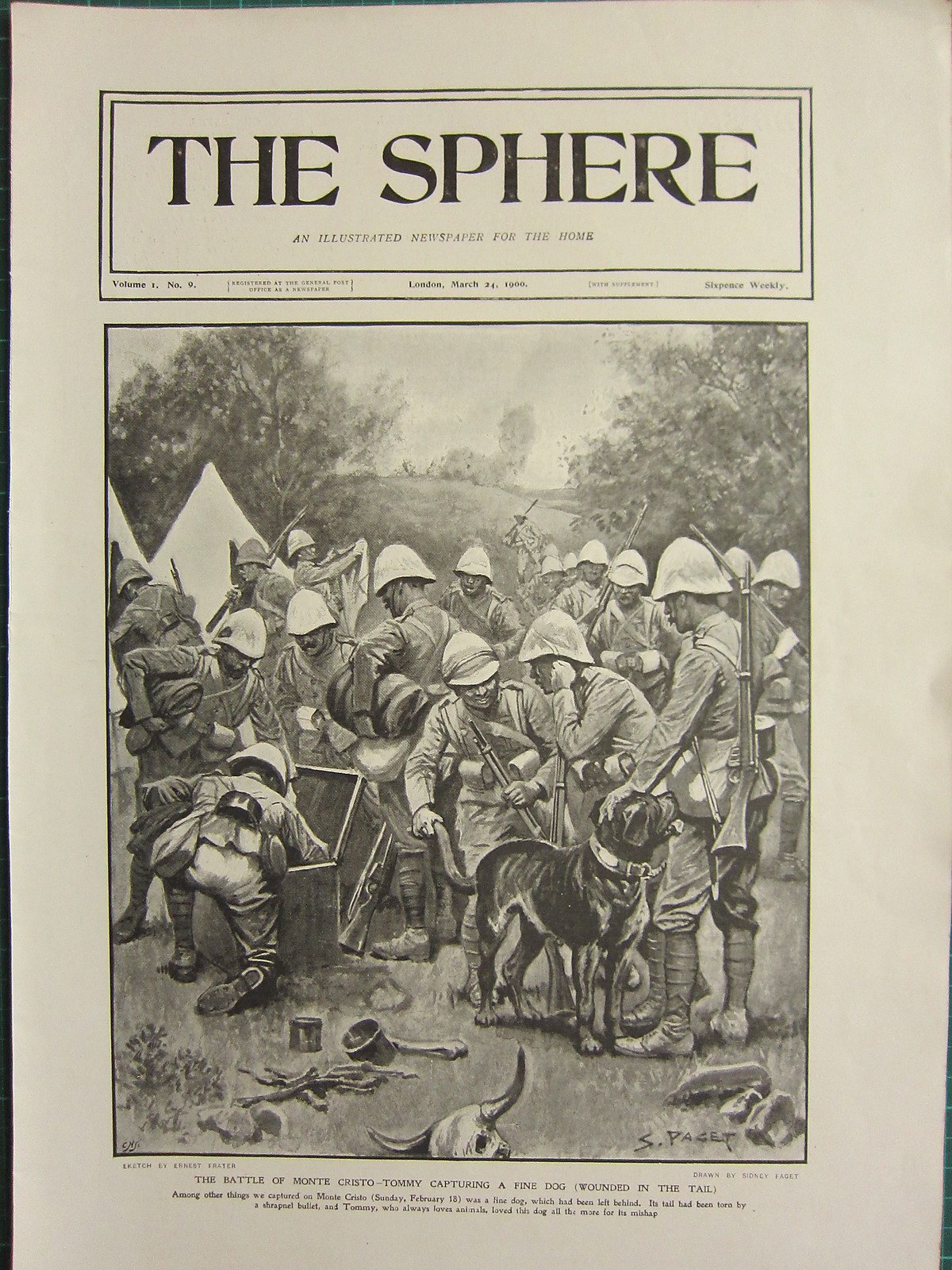 1900 VICTORIAN BOER WAR PRINT ~ BATTLE OF MONTE CRISTO-TOMMY CAPTURED FINE DOG