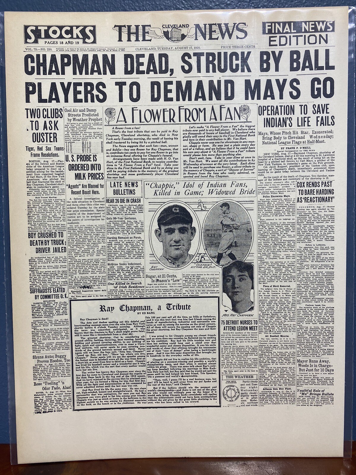VINTAGE NEWSPAPER HEADLINE RAY CHAPPIE CHAPMAN HIT KILLED BY PITCH 1920 BASEBALL