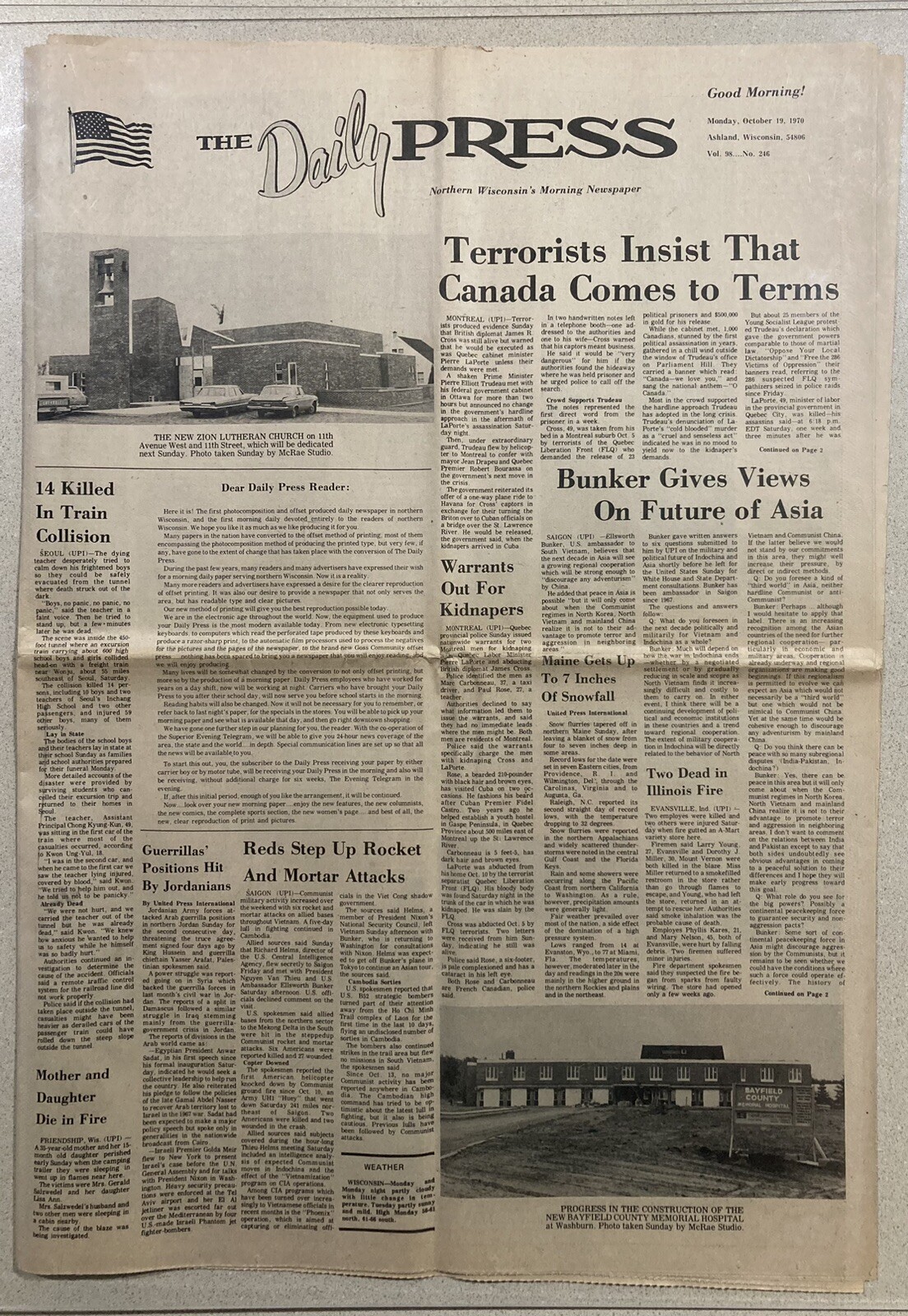 Ashland Wisconsin WI History Daily Press Oct 19 1970 First New Style Newspaper