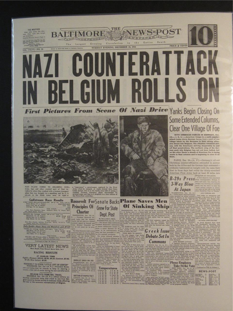 VINTAGE NEWSPAPER HEADLINE ~ WORLD WAR 2 GERMANY ARMY ATTACK BELGIUM WWII 1944