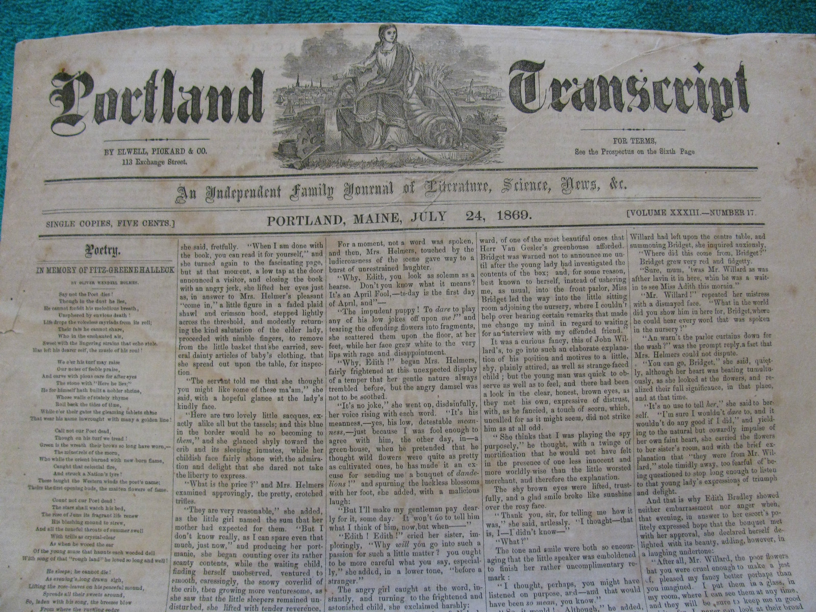 July 24, 1869 PORTLAND TRANSCRIPT Newspaper ~Vintage Ads~