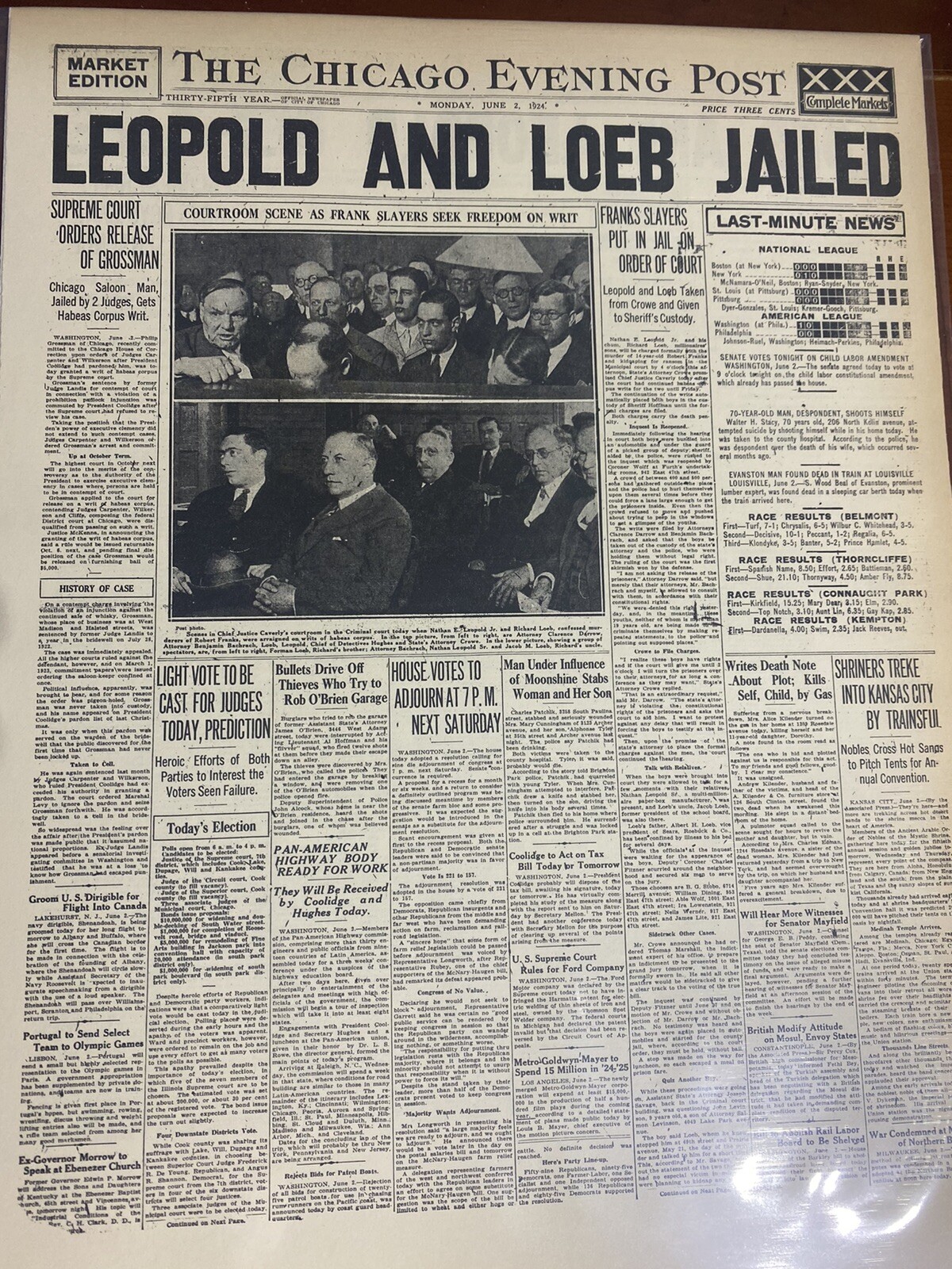 VINTAGE NEWSPAPER HEADLINE ~MILLIONAIRE MURDER LEOPOLD AND LOEB JAILED 1924