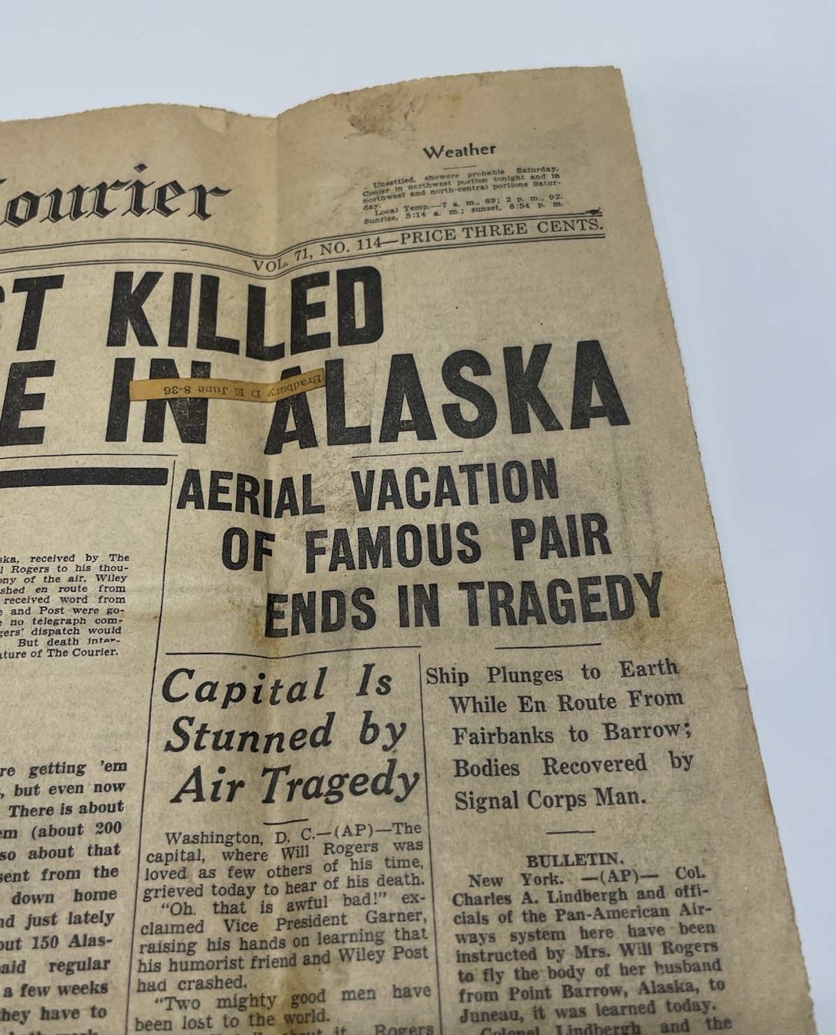 1935 Ottumwa Daily Courier Newspaper WILL ROGERS, WILEY POST PLANE CRASH ALASKA