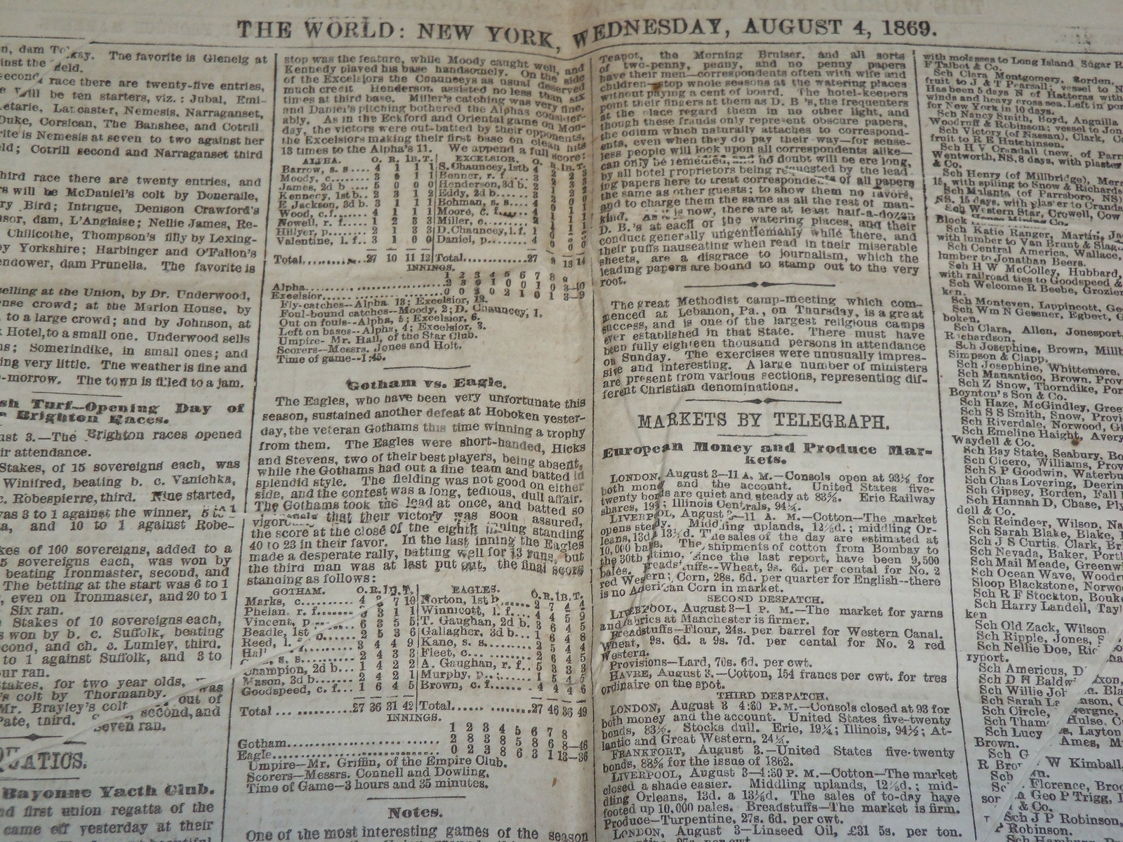 1869 AUGUST 4 THE NEW YORK WORLD NEWSPAPER – BASEBALL COVERAGE – NP 5233