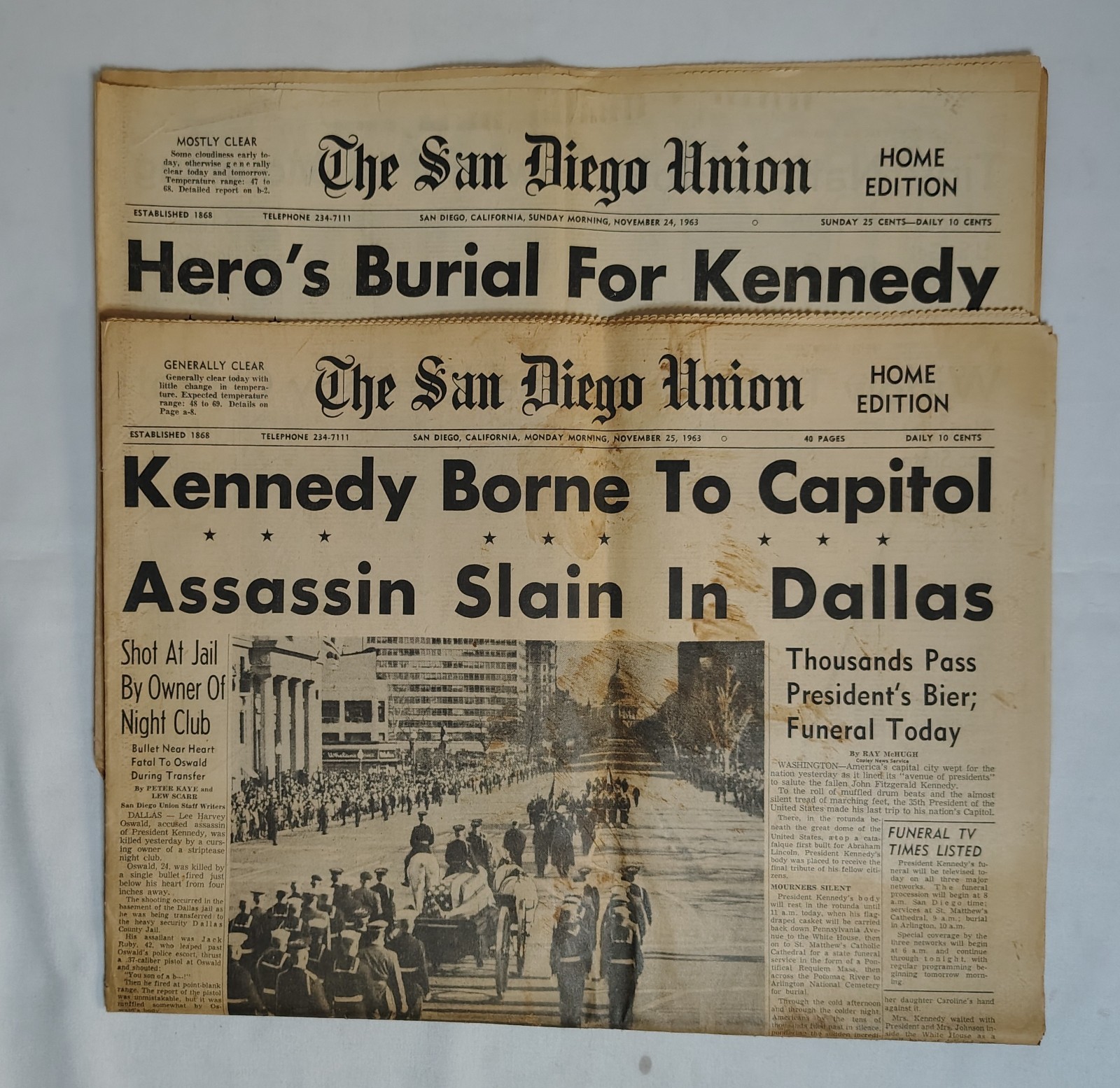 JFK Burial Newspaper San Diego Union Sunday November 24th, and 25th 1963