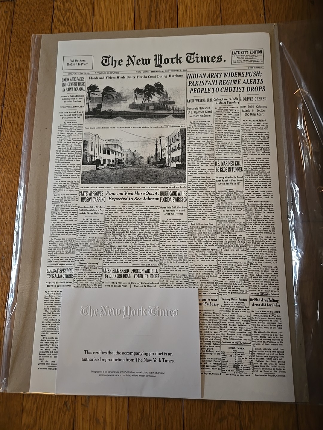 Front Page New York Times newspaper reprint, September 9, 1965, 11 x 17 in.