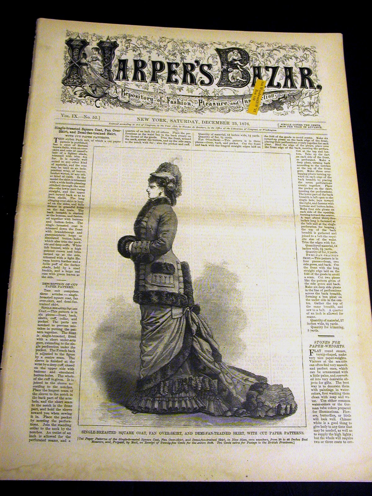 Harper’s Bazar Dec 23 1876 VICTORIAN LADIES DOUBLE BREASTED COAT OVER-SKIRT
