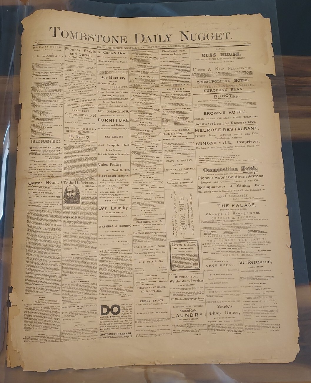 ***RARE*** TOMBSTONE DAILY NUGGET DECEMBER 31, 1881 NEWSPAPER