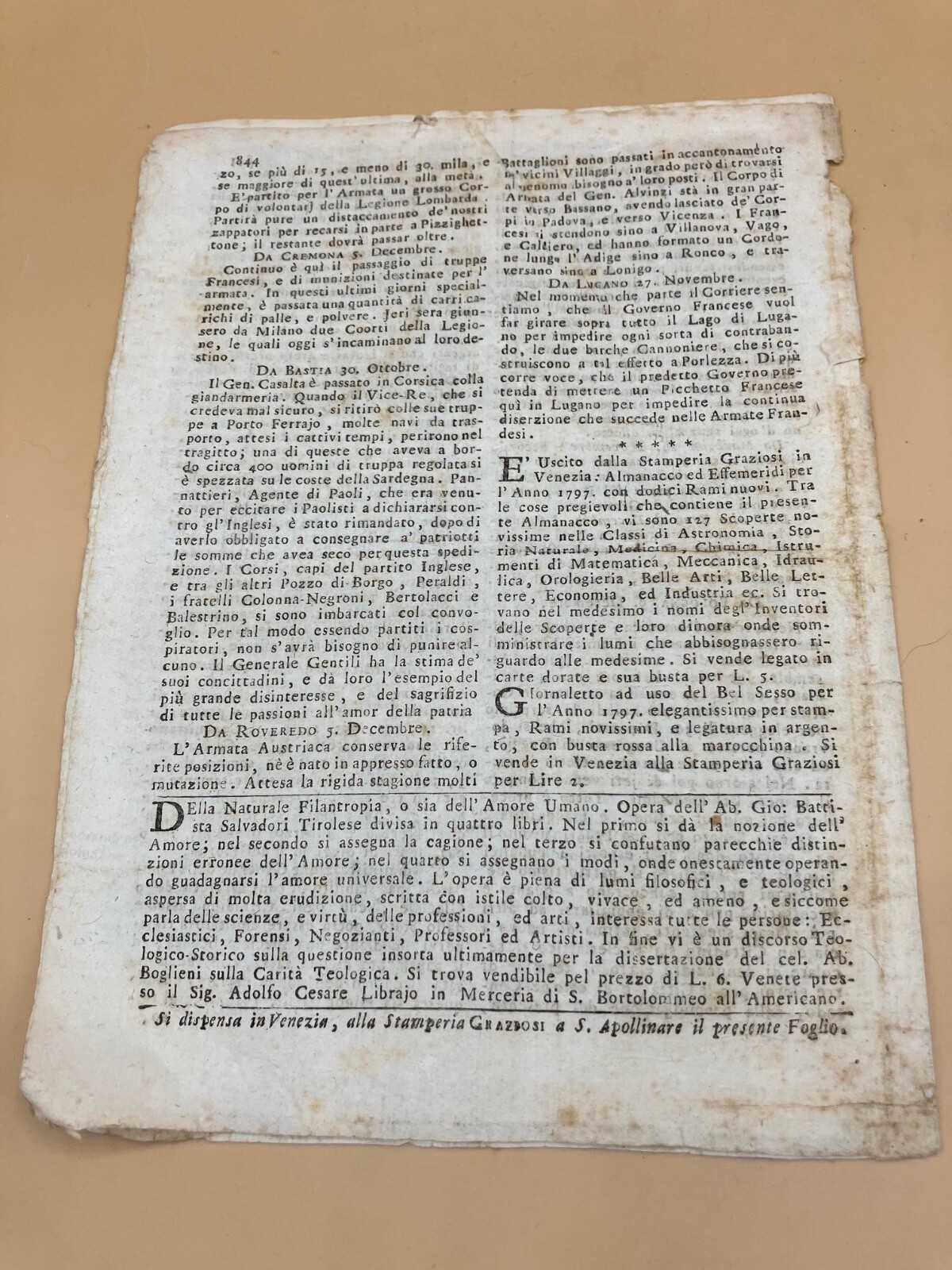 1796 Original Newspaper “Notizie dal Mondo” w/ article on the Directory