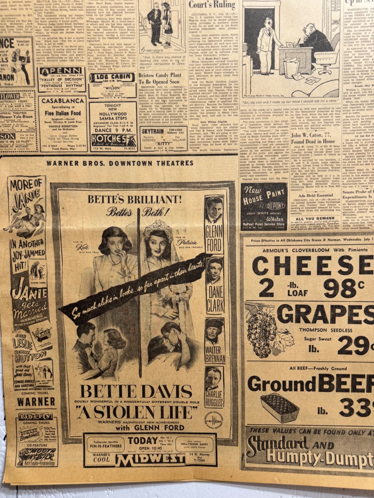 1946 JULY MOVIE ADS 20 OKLA. CITY NEWSPAPER PAGES WITH LOTS OF ADS GROUP # 27