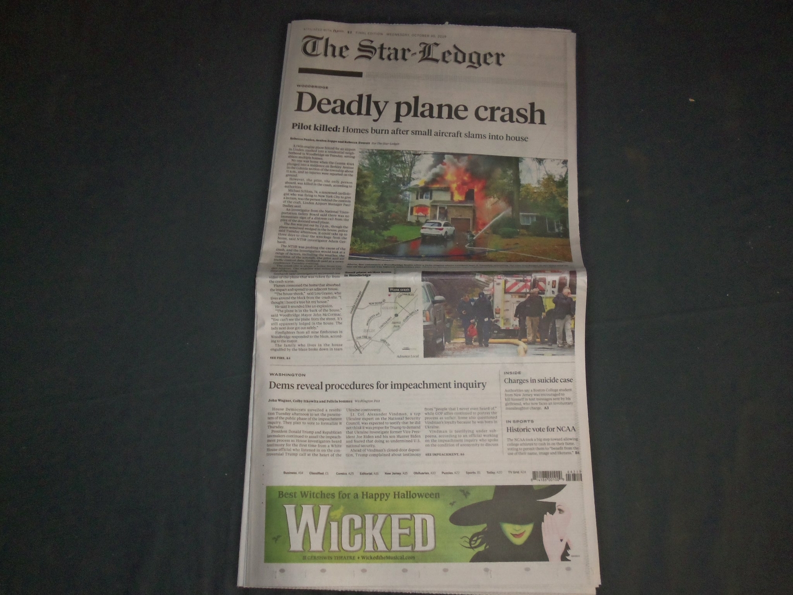 2019 OCTOBER 30 THE STAR-LEDGER NEWSPAPER – DEADLY PLANE CRASH IN COLONIA, NJ