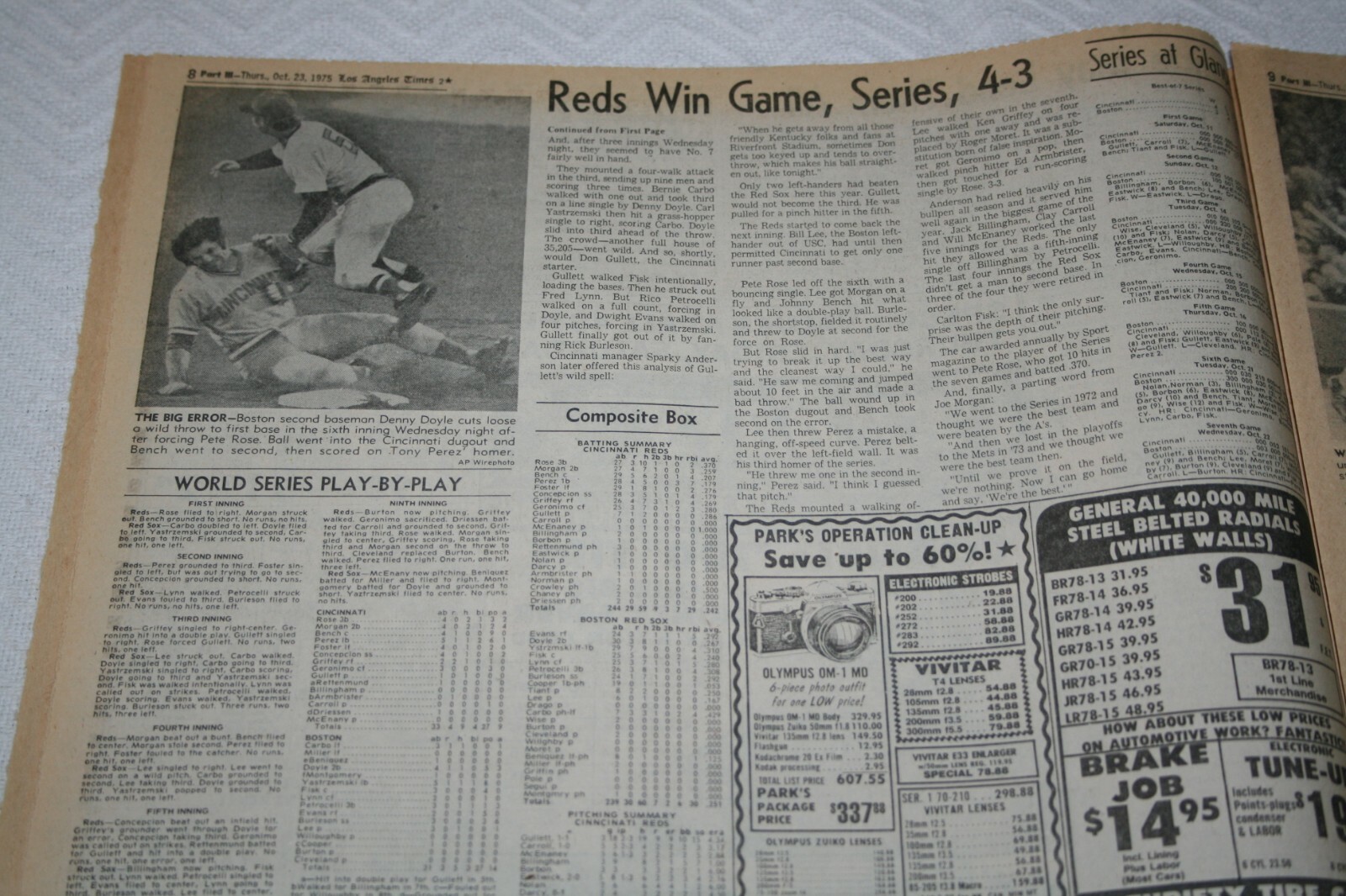 1975 Los Angeles Times * World Series Game 7 * Cincinnati Reds vs Boston Red Sox