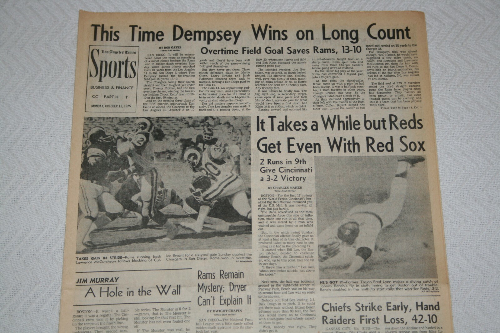 1975 LA Times * World Series Game 2 Cincinnati Reds Boston Red Sox * Tom Dempsey