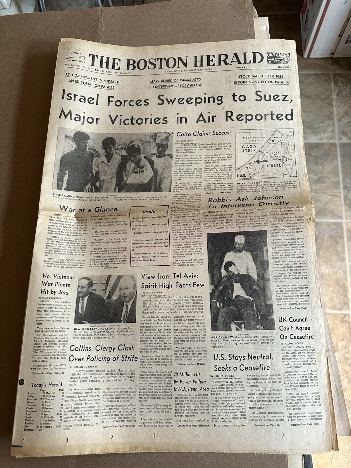 The Boston Herald June 6, 1967 Newspaper Suez Canal Israel Six Day War Coverage