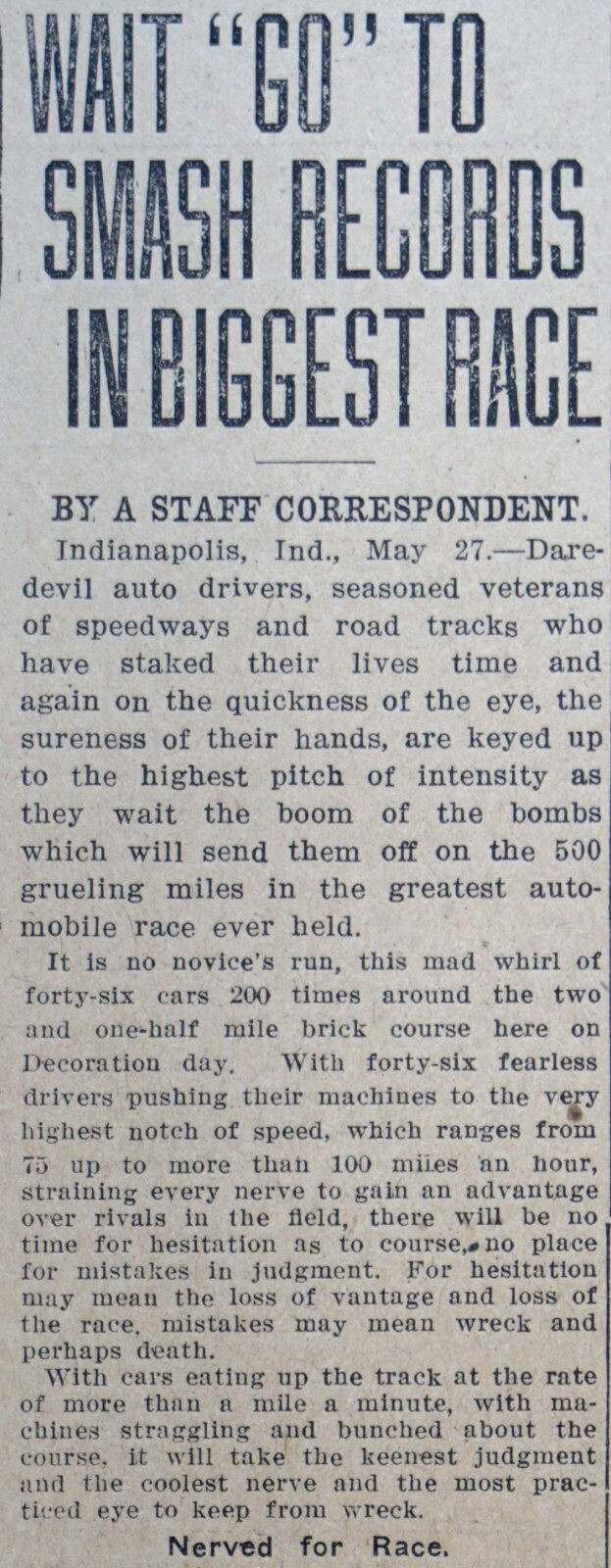 1911 Chicago Newspaper Commemorative Page – First Indianapolis 500 Race