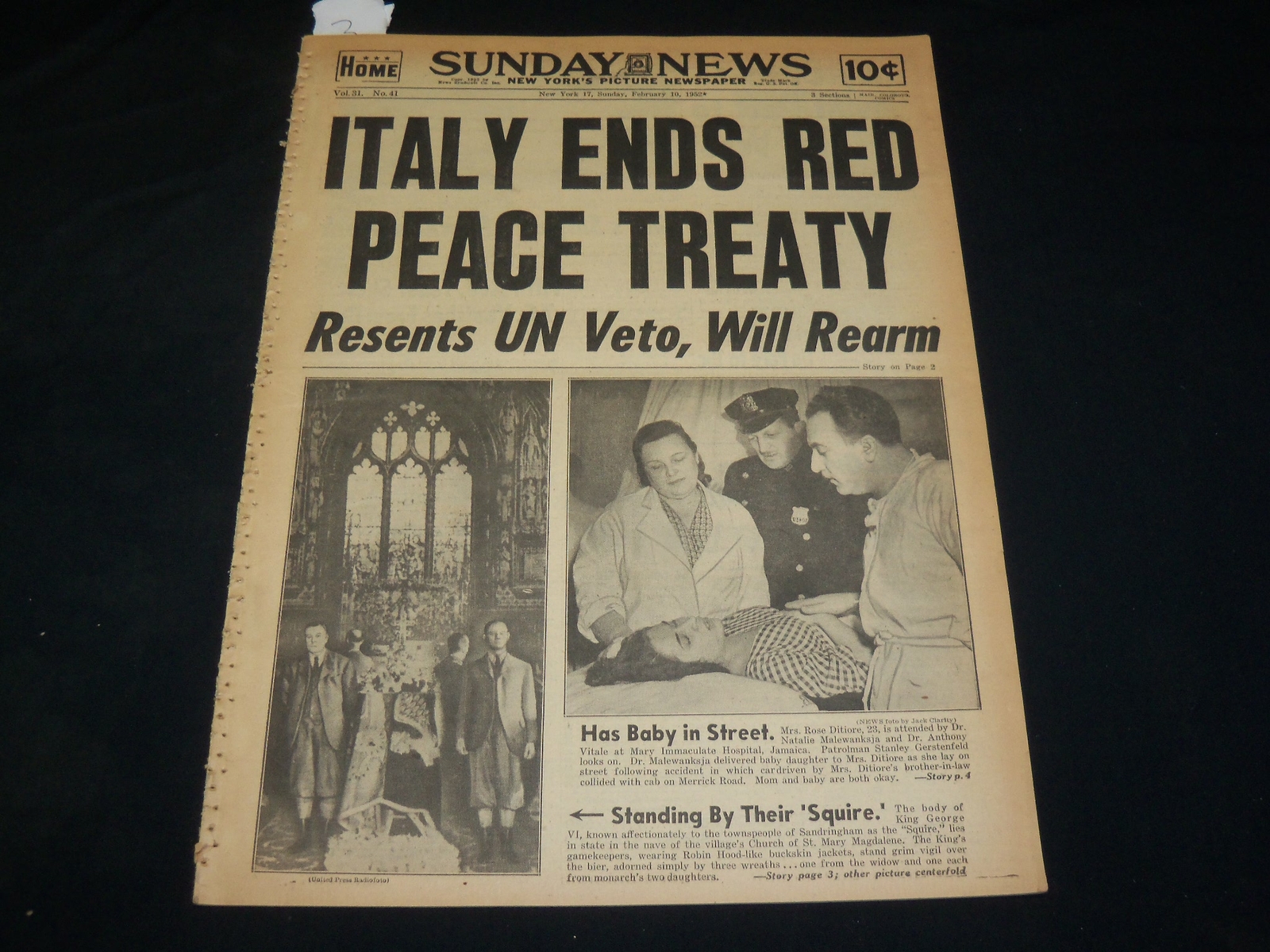 1952 FEBRUARY 10 NEW YORK DAILY NEWS – ITALY ENDS RED PEACE TREATY – NP 5404