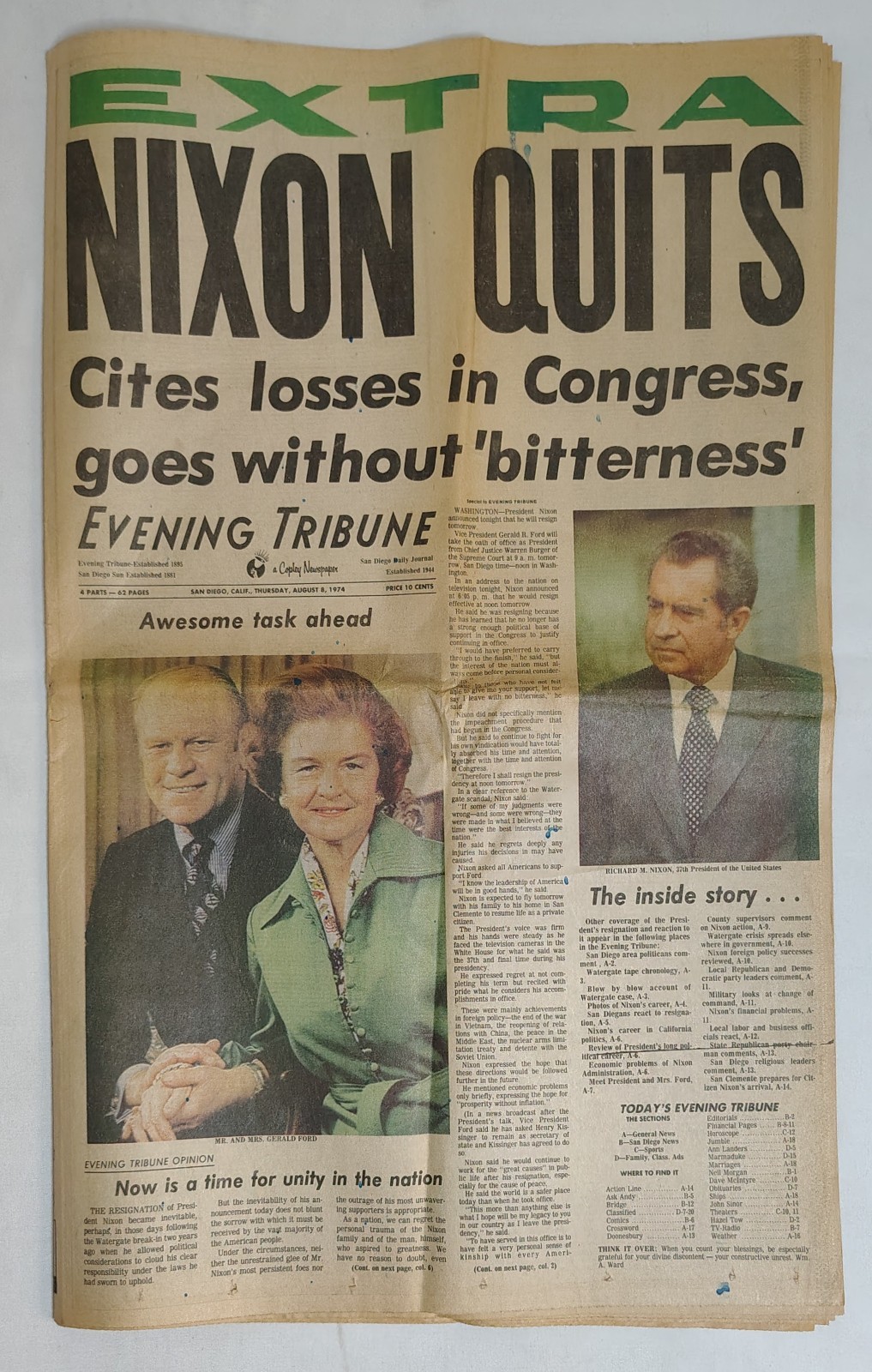 President Richard Nixon Resignation Newspaper Evening Tribune San Diego, Ca