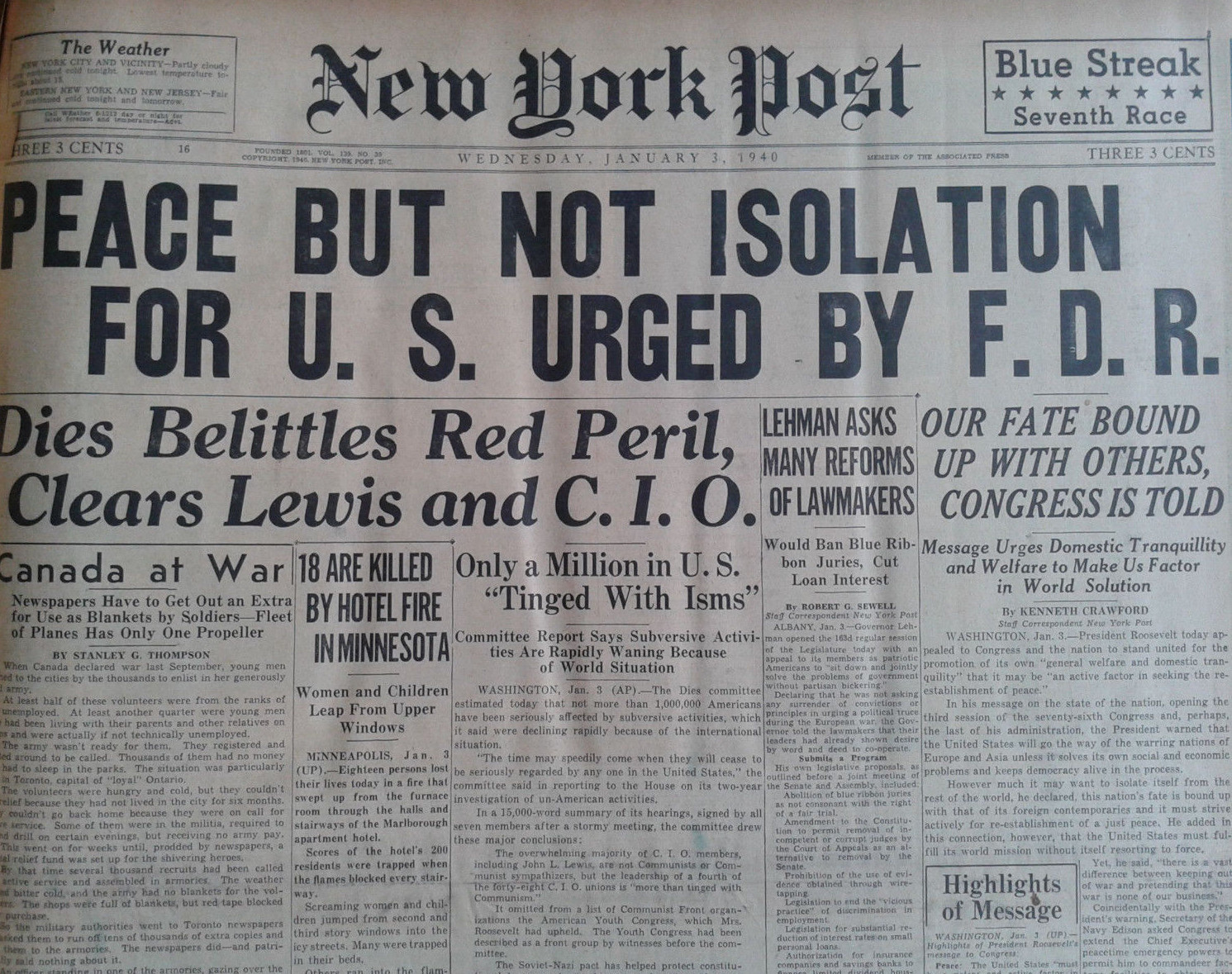 1-1940 January 3 PEACE BUT NOT ISOLATION URGED BY F.D.R HITLER VALKYRIE BLACKOUT