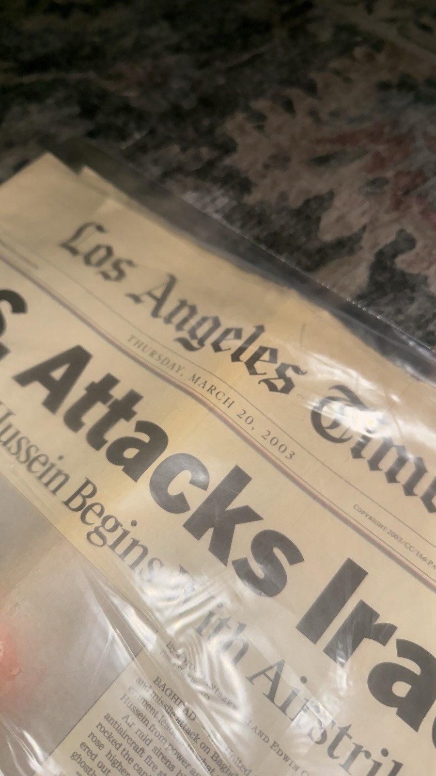Los Angeles Times “U.S. Attacks Iraq” March 20, 2003 Historical Newspaper