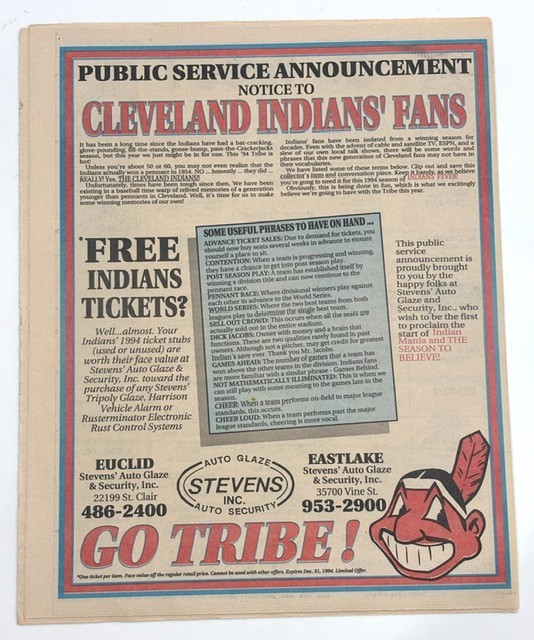 VTG 4/3/94 Cleveland Indians New Ballpark Jacobs Field Season Opener newspaper