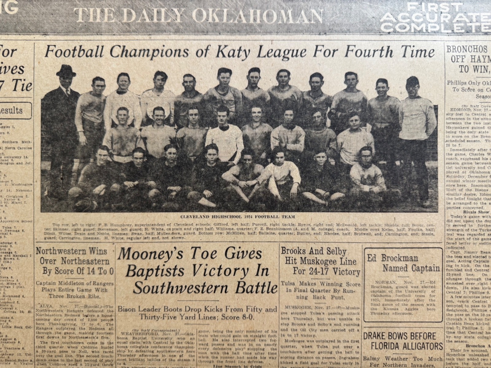 1924 CEVELAND HIGHSCHOOL, OKLA. FOOTBALL CHAMPIONS OF KATY LEAGUE FREE SHIPPING