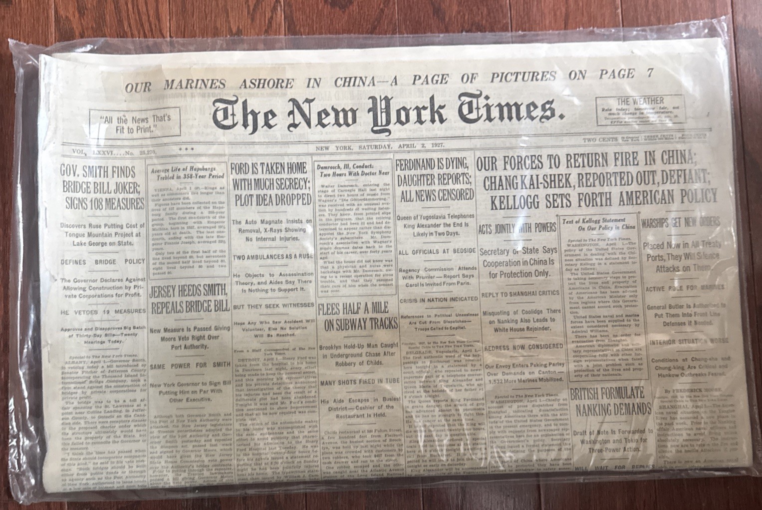 Vintage RARE 1927 New York Times Newspaper Authentic COA paper & Protector Case