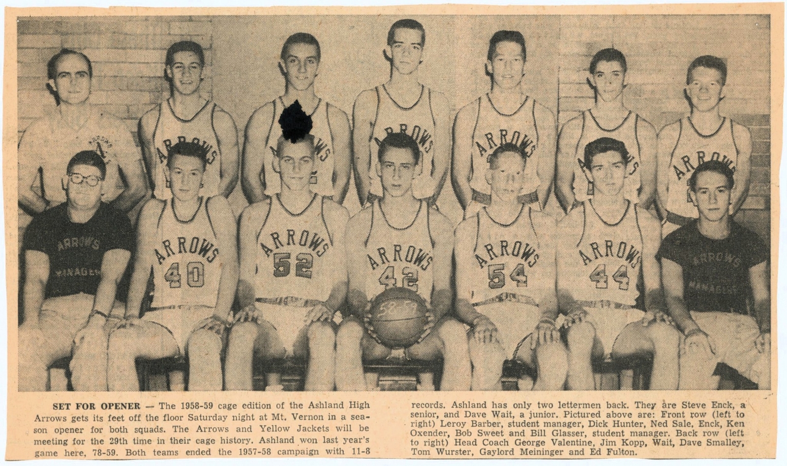 1958 Ashland Ohio Times Gazette High School Basketball Team Photo Arrows AHS