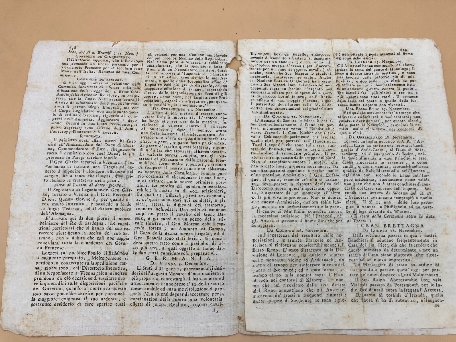 1796 Original Newspaper “Notizie dal Mondo” w/ article on the Directory