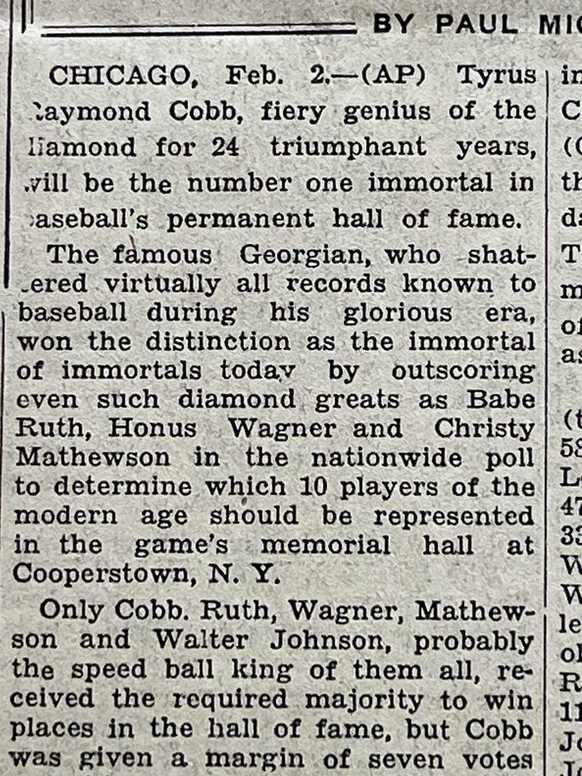 1936 newspaper BABE RUTH Christy Mathewson TY COBB Elected BASEBALL HALL of FAME