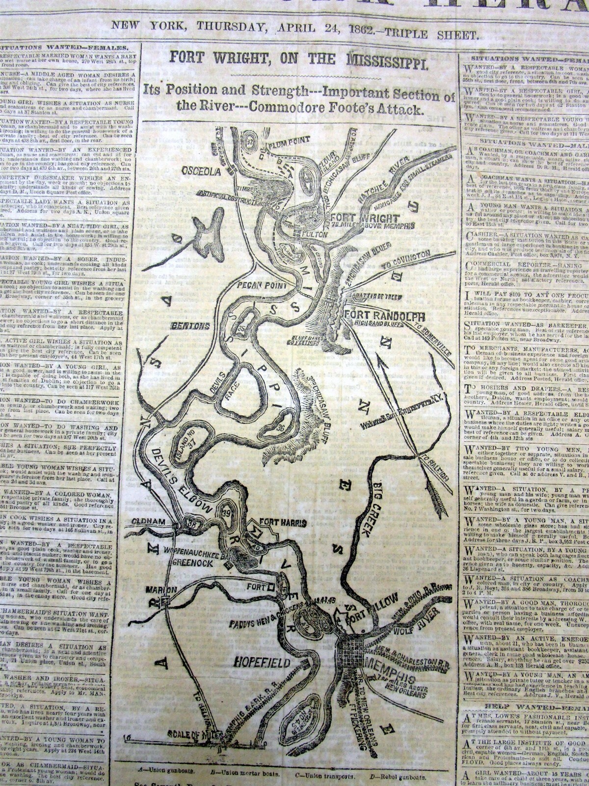 1862 Civil War newspaper w detailed MAP of MEMPHIS Tennessee & Mississippi River