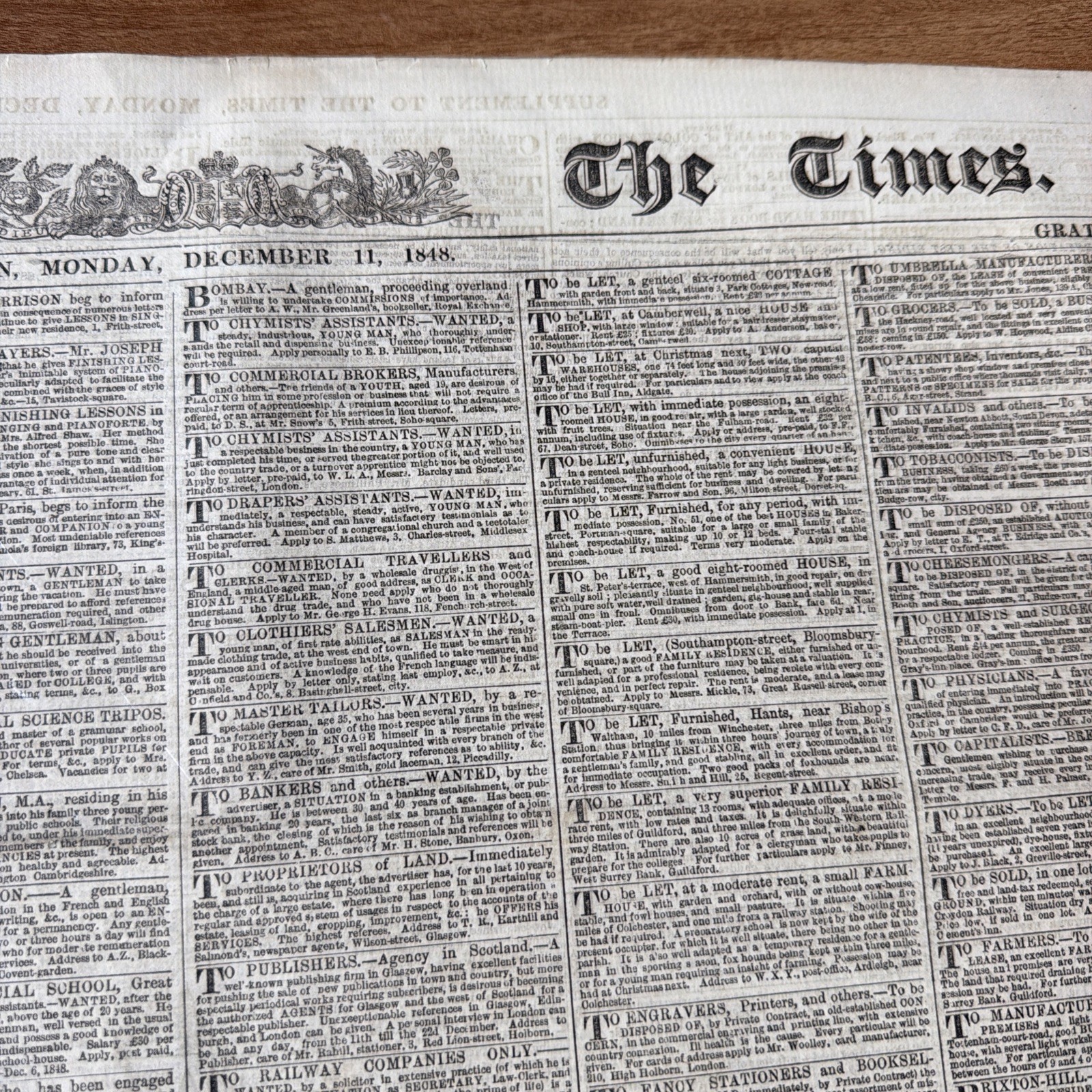 December 11 1848 THE LONDON TIMES Victorian ORIGINAL Newspaper and Supplement