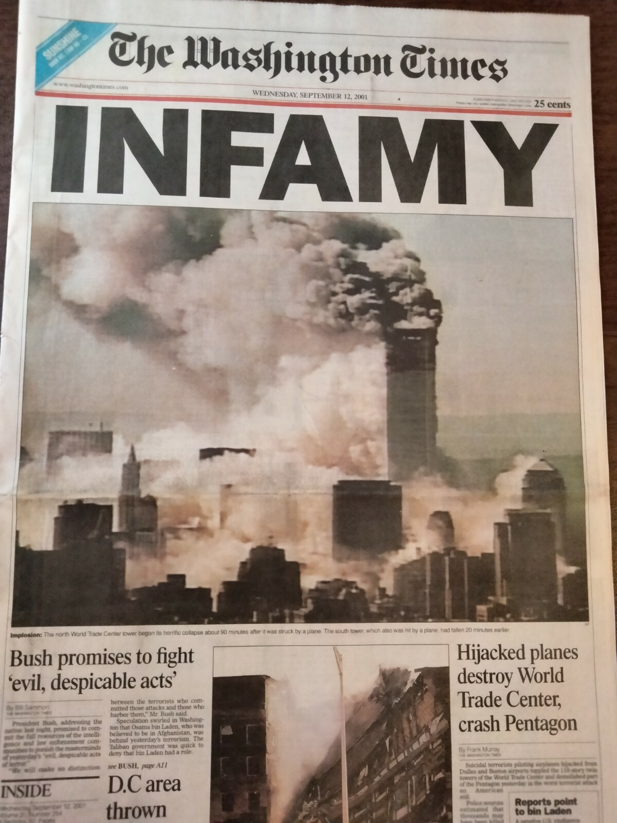 Newspapers- 9/11-INFAMY, HIJACKED PLANES CRASH INTO WORLD TRADE CENTER, PENTAGON
