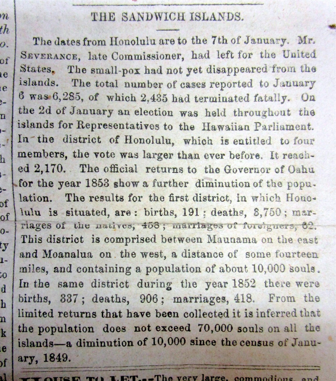 RARE 1854 newspaper SMALL POX RAVAGES HAWAII Sandwich Islands w POPULATION STATS