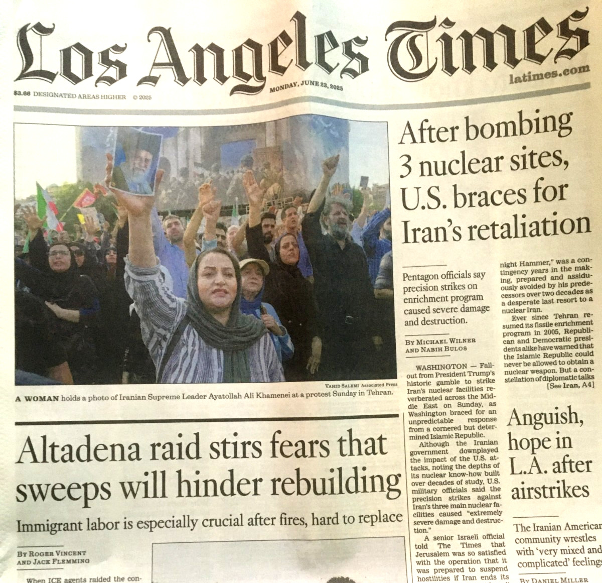 LOS ANGELES TIMES June 23, 2025 ALTADENA ICE RAIDS FEAR WILL HINDER REBUILDING