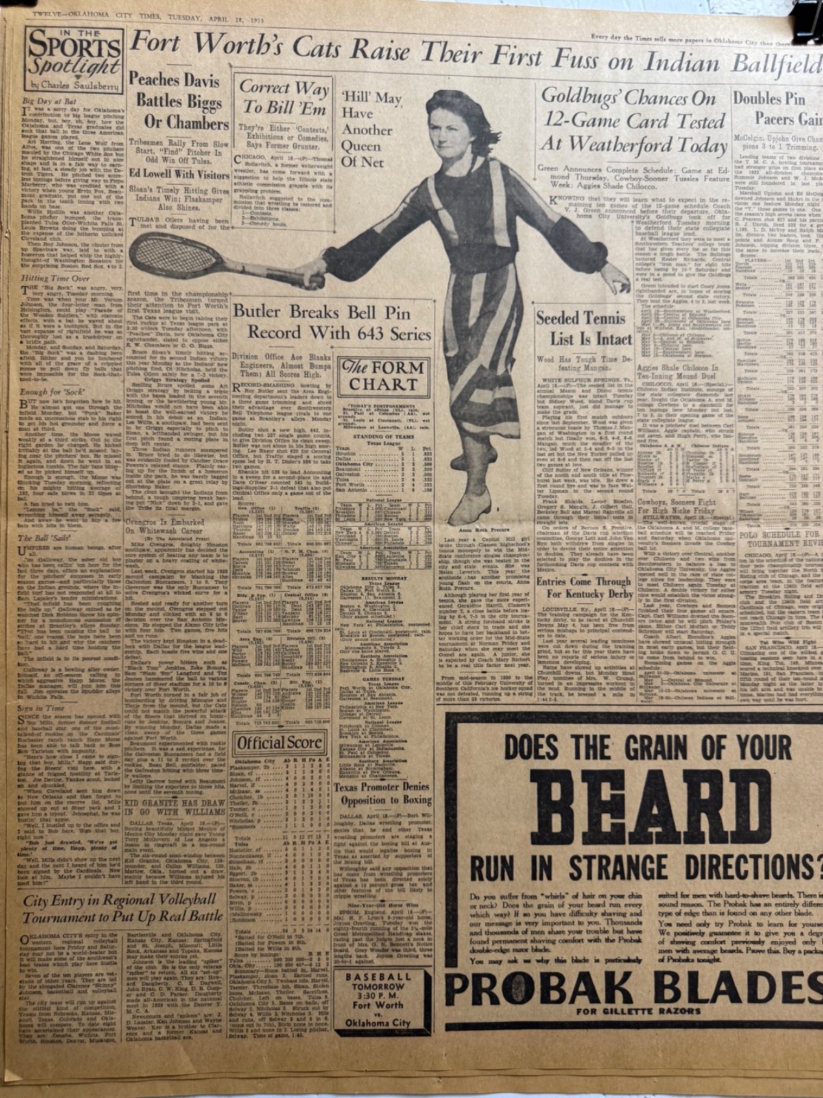 1933 CAPITOL HILL HIGHSCHOOL OKLA. CITY ANNA RUTH PRECURE TENNIS PLAYER NWSP.