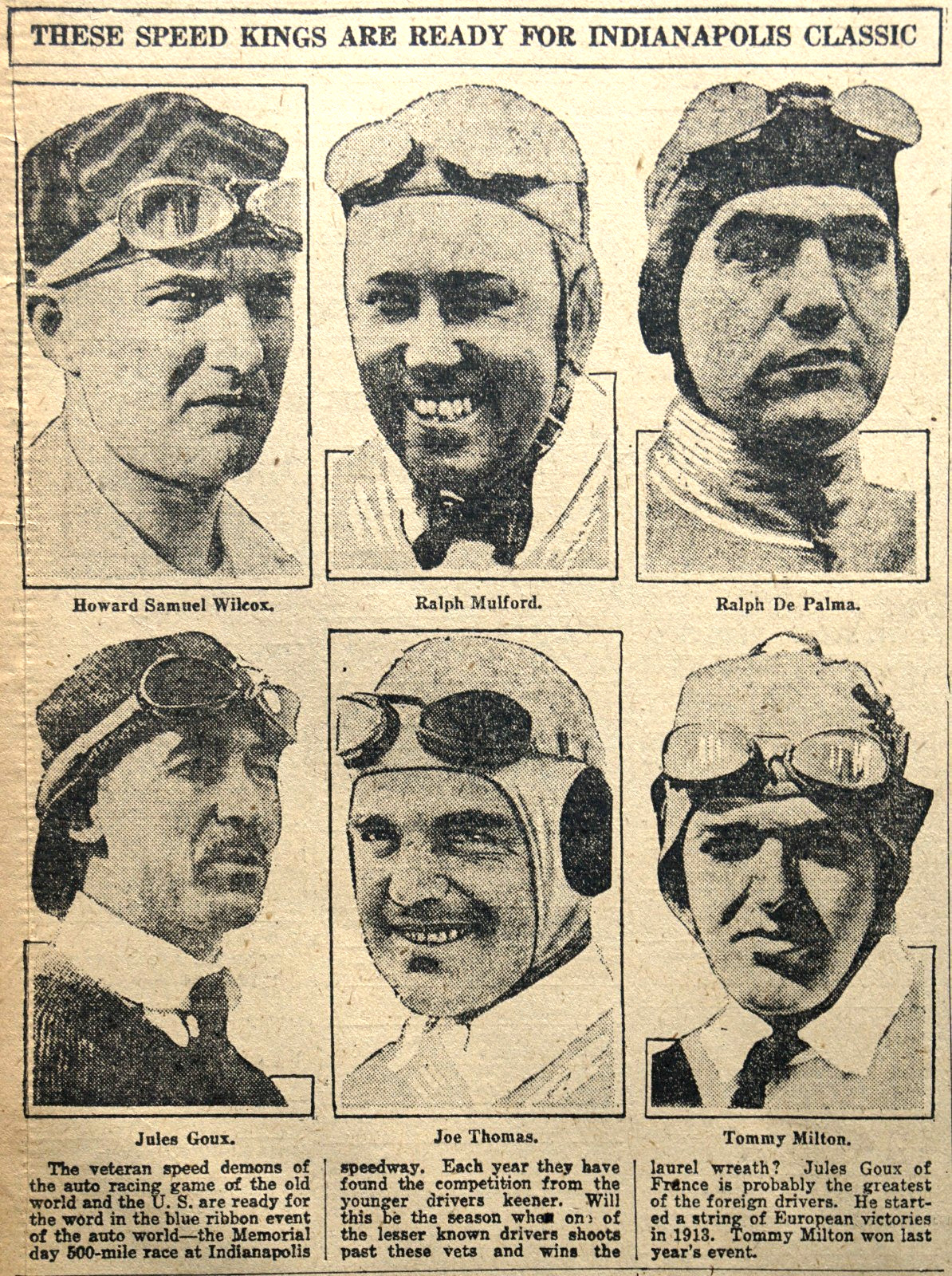 1922 Sports Page – Ralph De Palma & Other Speed Kings Ready For Indianapolis 500