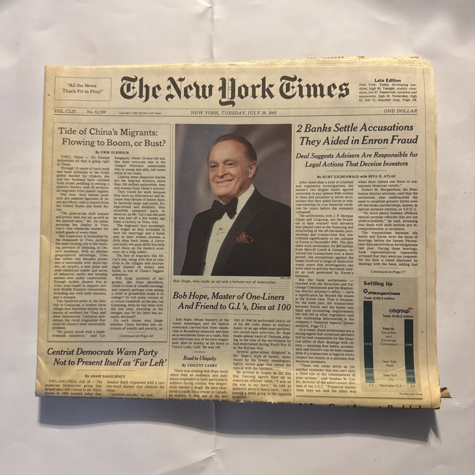 Bob Hope Dies NY Times Complete Newspaper July 29 2003