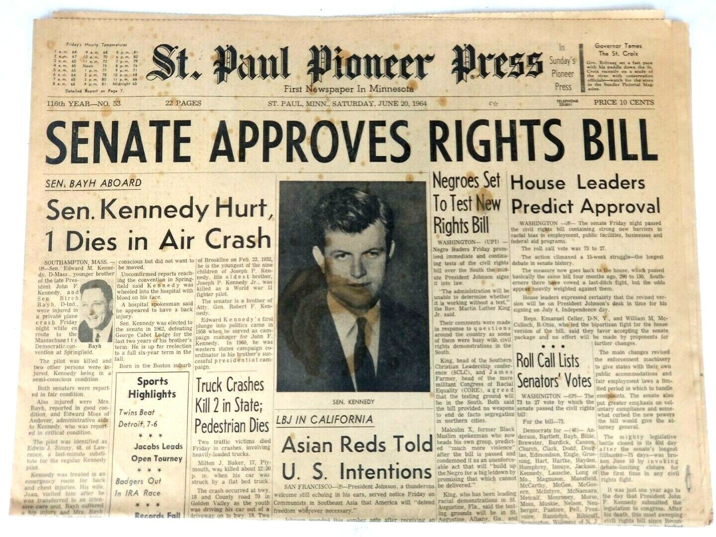 Vintage Newspaper 1964 Edward Kennedy Plane Crash + MLK To Test Rights Bill