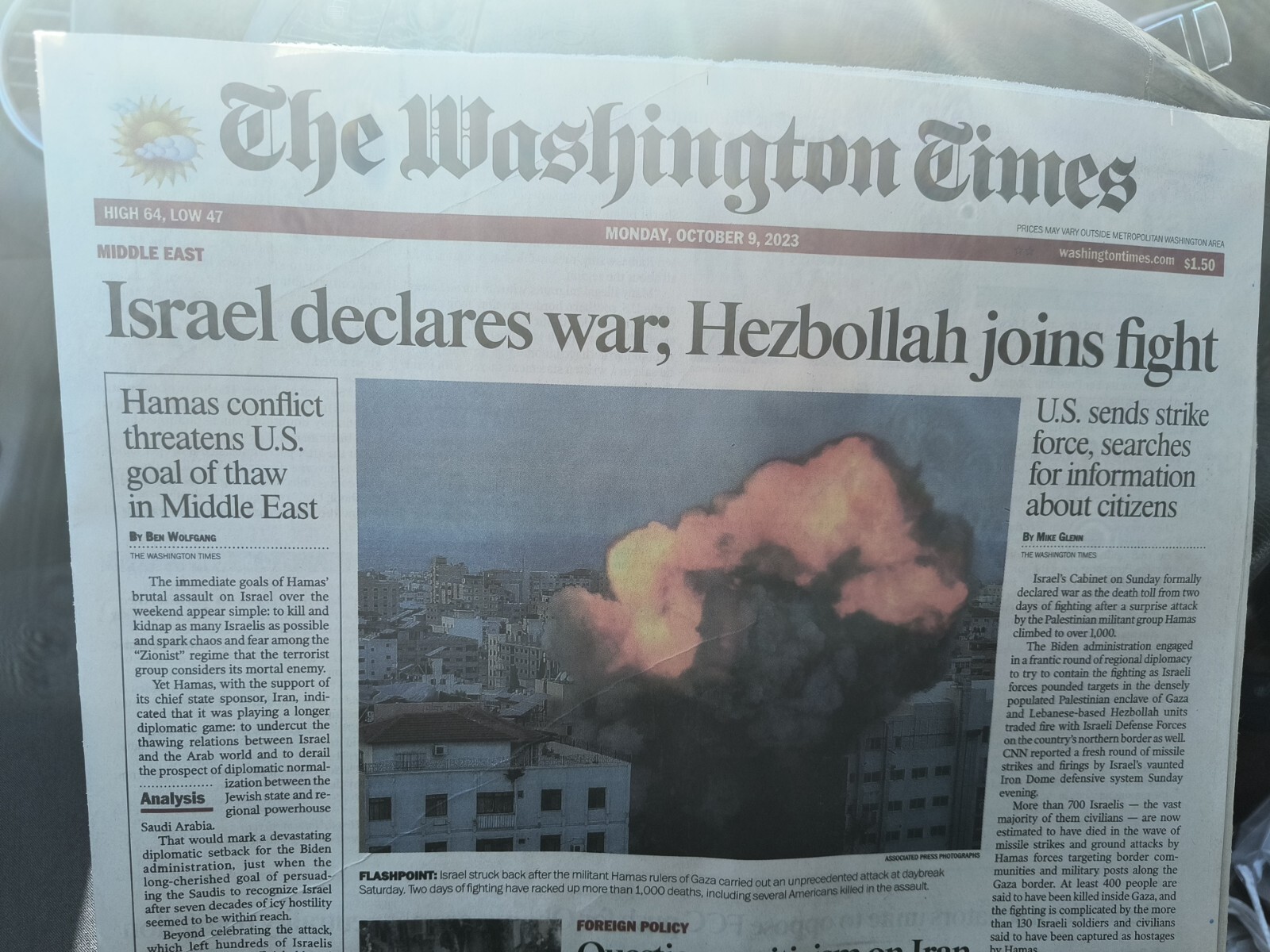 The Washington Times Monday October 9 2023 Israel declares war, Hez Illah joins