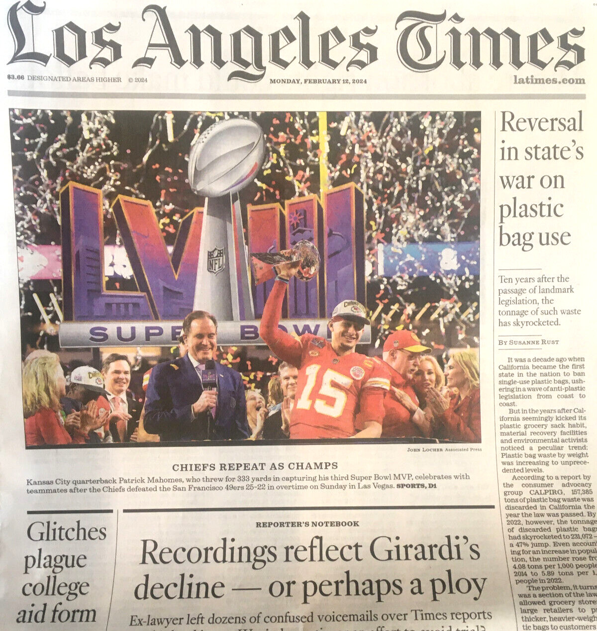 LOS ANGELES TIMES Feb. 12, 2024 Cali. SUPER BOWL LVIII Travis Kelce Taylor Swift