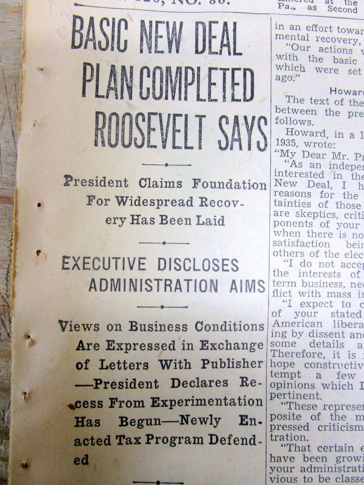 1935 newspaper PRESIDENT Franklin D ROOSEVELT says his NEW DEAL is now COMPLETED