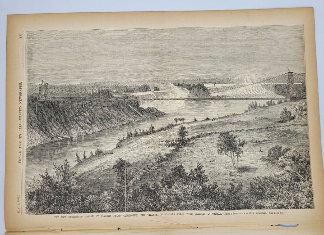 Frank Leslie’s 5/15/1869 New Suspension Bridge Niagara Falls / Billiards Tourn