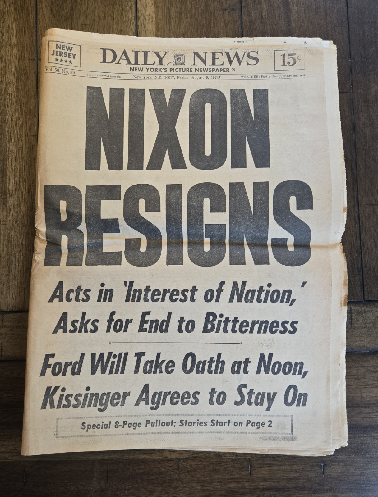 NY Daily News NIXON RESIGNS August 9, 1974 Complete Newspaper New Jersey Edition