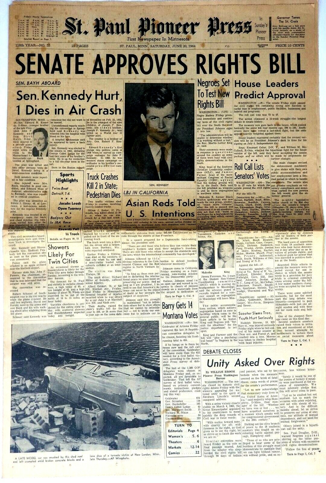 Vintage Newspaper 1964 Edward Kennedy Plane Crash + MLK To Test Rights Bill