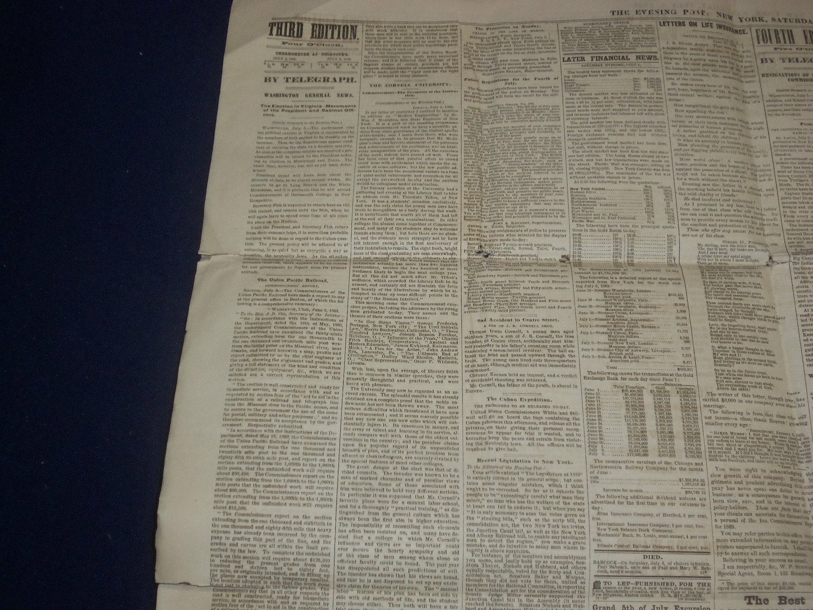 1869 JULY 3 THE SATURDAY EVENING POST NEWSPAPER – CORNELL UNIVERSITY – NP 5054